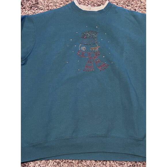 VINTAGE L Sweatshirt Teal Snowman Bedazzled SUNBURST Long Sleeve Grandma Xmas - Picture 2 of 9